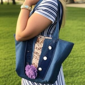 Upcycled Denim Tote Bag Rose Gold Sequins Butterfly Patch